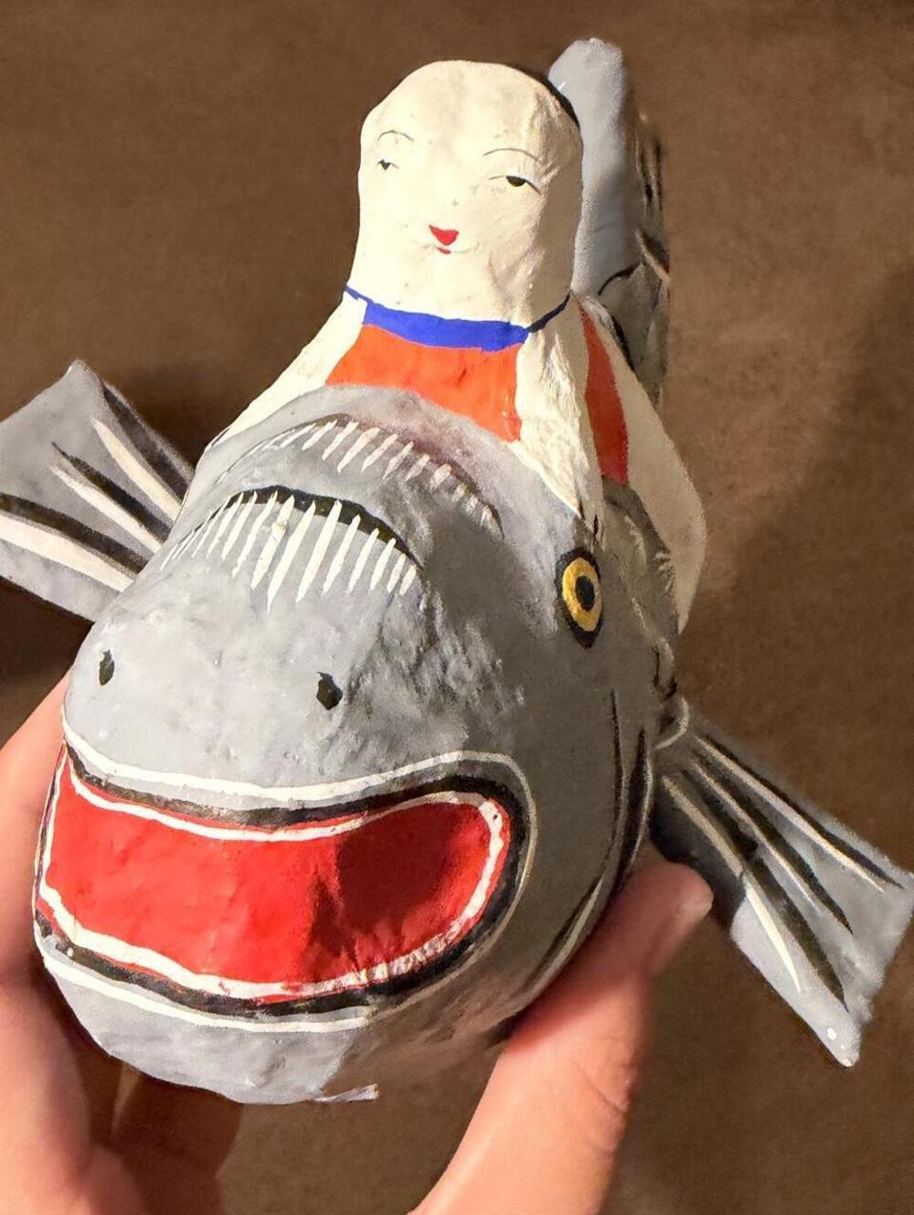 VTG Rare Unique Paper Mache Japanese Ryukyu Hariko Carp Rider,by Yasufumi Kokura